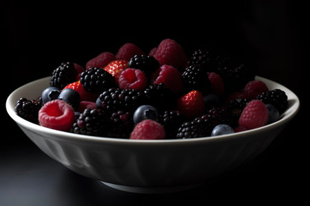 Blackberries, raspberries and blueberries in a bowl on a black backgroundの素材