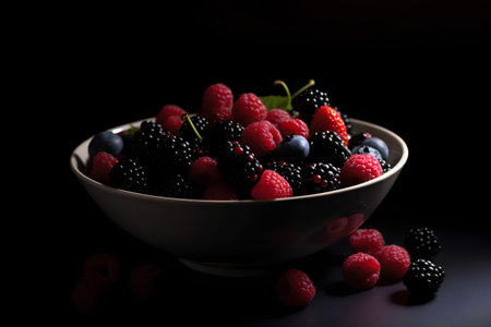 Blackberries and raspberries in a bowl on a black backgroundの素材