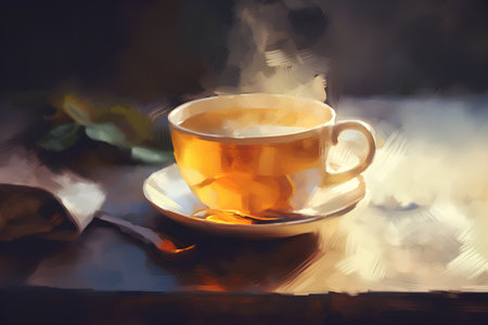 Cup of tea on the background of a book. Digital paintingの素材