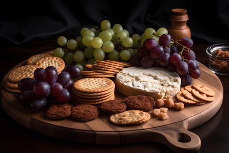 Cheese plate with grapes, crackers and crackers on wooden tableの素材