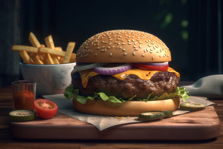 Cheese burger - American cheese burger with Golden French fries and fresh vegetablesの素材