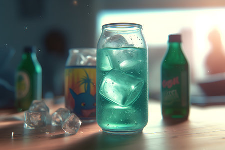 Cold refreshing drink in a bottle with ice cubes on a wooden tableの素材