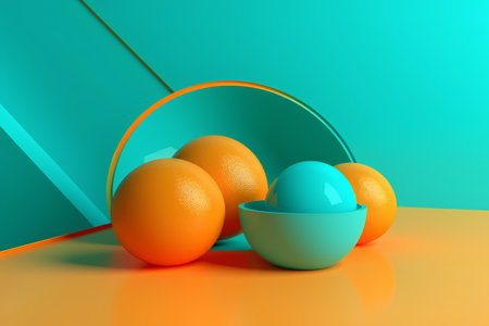 Easter eggs with green and orange background. 3D illustration.の素材