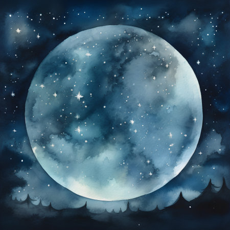 Watercolor night sky with full moon and stars. Hand drawn illustrationの素材