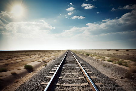 Railway in the desert against blue sky with clouds and sun.の素材