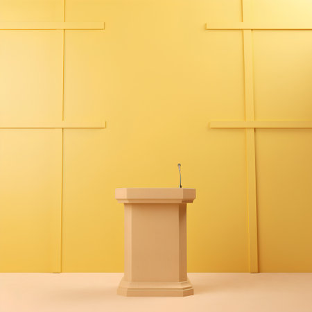 Podium with microphone in front of a yellow wall. 3d renderingの素材