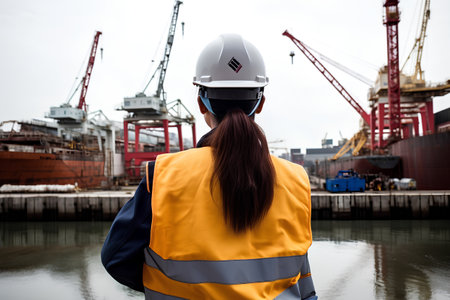 Portrait of a female worker wearing safety vest and hardhat at the port.の素材