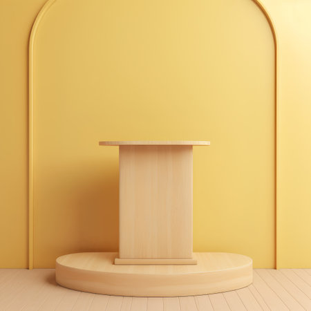 Wooden pedestal on a yellow background. 3d rendering.の素材