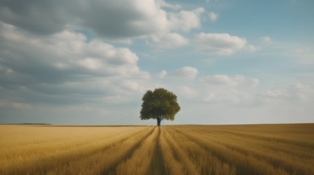 Lonely tree in a wheat field with clouds in the skyの素材