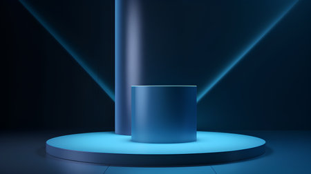 Abstract blue podium illuminated by spotlights. 3d render illustration.の素材