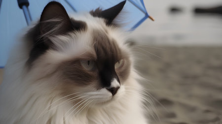 Portrait of a cat with a blue umbrella on the beach.の素材