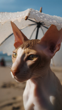 Portrait of a Sphynx cat on the beach with umbrellaの素材