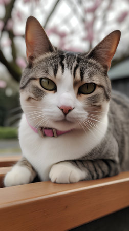 Cute cat lying on the bench and looking at the camera.の素材