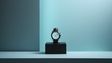 Wristwatch on pedestal in blue room. 3D renderingの素材