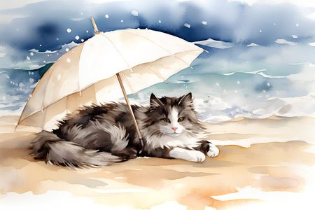Cute cat with umbrella on the beach. Watercolor illustration.の素材