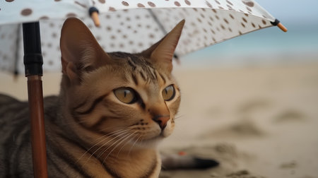 cat with umbrella on the beach, shallow dof, focus on eyesの素材