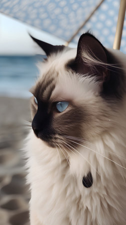 Beautiful cat with blue eyes in a hammock on the beachの素材