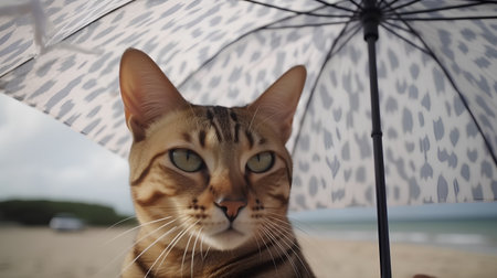Bengal cat under umbrella on the beach. Selective focus.の素材