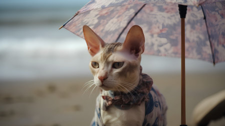 Cat with umbrella on the beach. Shallow depth of field.の素材