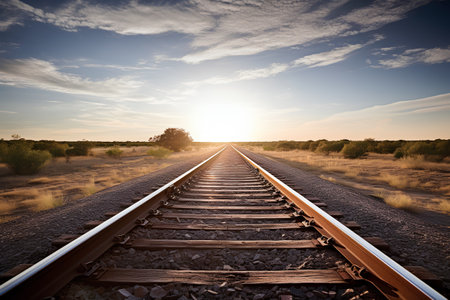 Railway in the desert at sunset. Beautiful summer landscape with railroad.の素材
