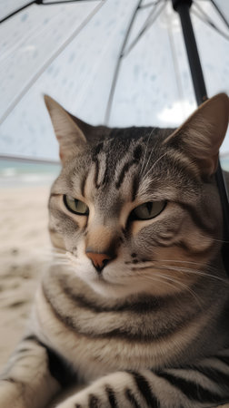 Close-up of a cat relaxing on the beach under an umbrellaの素材