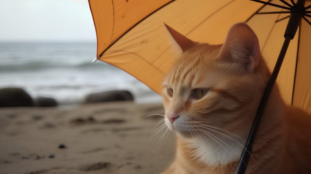 Orange cat under an umbrella on the beach. Shallow DOFの素材