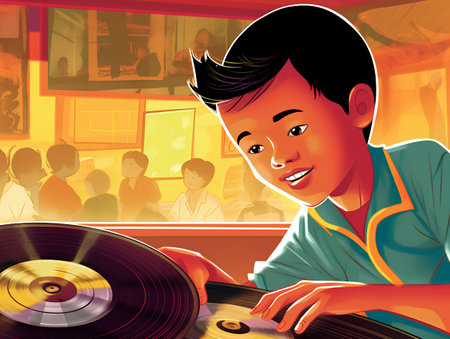 Vector illustration of a young man playing vinyl record in a nightclub.の素材