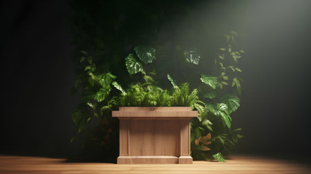 Wooden podium in dark room with tropical plants. 3d renderの素材