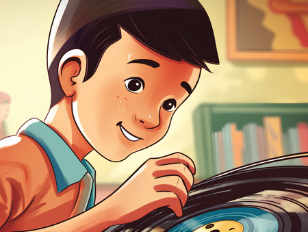 young man with vinyl record in his hand, illustration in retro styleの素材