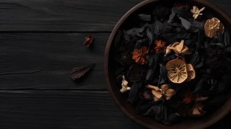 Dried fruit tea in a wooden bowl on a black wooden backgroundの素材