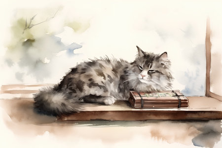 Siberian cat sitting on the window sill with a book.の素材