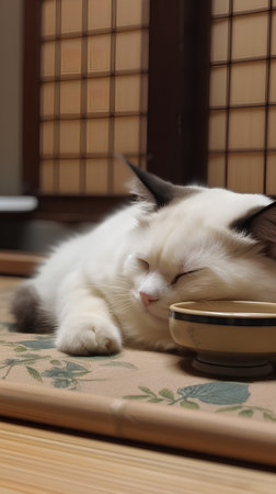 Sleeping cat with a bowl of hot tea on a tableの素材