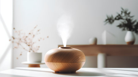 Modern wooden aroma oil diffuser on white table. 3d renderingの素材