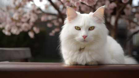 White cat with yellow eyes sitting in front of a blooming treeの素材