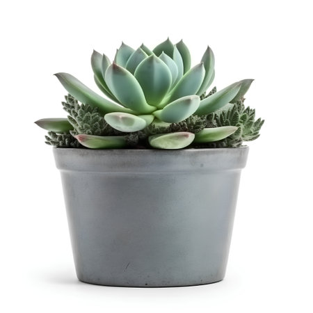 Succulent plant in grey pot isolated on white background cutoutの素材