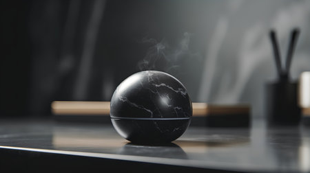 Elegant still life with a black marble ball on a black backgroundの素材