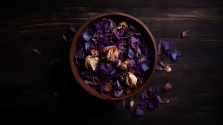 Dried flowers in a wooden bowl on a dark wooden background.の素材