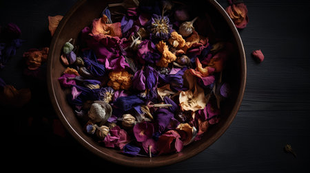 Dry petals of flowers in wooden bowl on black wooden backgroundの素材