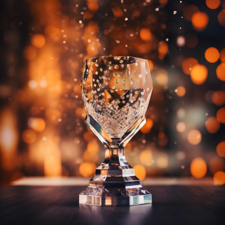 Empty wineglass on a wooden table with bokeh background.の素材