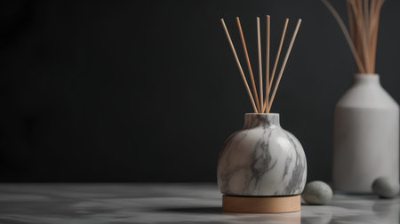 Modern vase with reed diffuser on table, closeupの素材