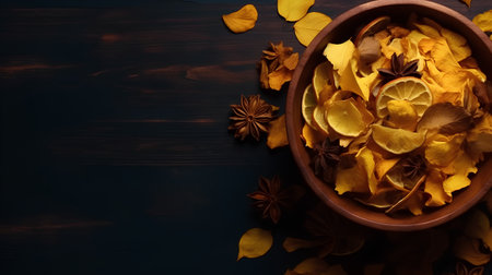 Ceramic bowl with autumn leaves and spices on dark wooden backgroundの素材