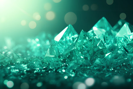 3d illustration of abstract background with green crystals and light bokehの素材