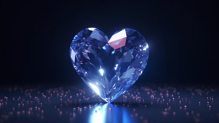 3d illustration of crystal heart on a dark background with reflection.の素材