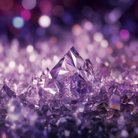 Diamonds on purple bokeh background. 3D illustration.の素材