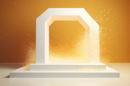 Abstract scene podium illuminated by sunlight. Award ceremony concept. 3d renderの素材