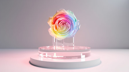 3d render, abstract background, empty podium for product display with rainbow roseの素材