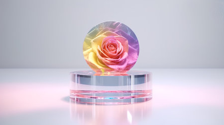 3d render of a podium with a rose on a white backgroundの素材