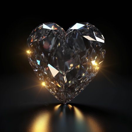 Shiny diamond heart on black background. 3d render. Love conceptの素材