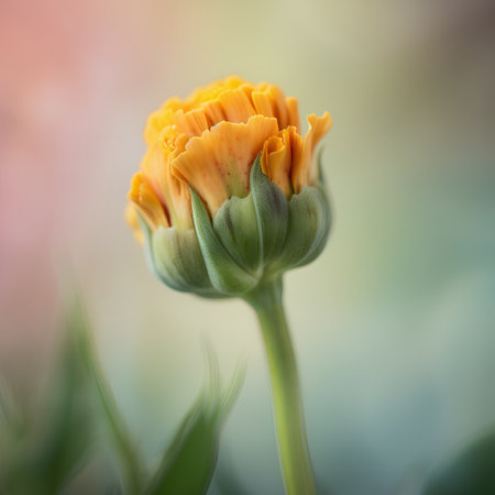 Beautiful orange marigold flower on blurred background. Shallow depth of fieldの素材