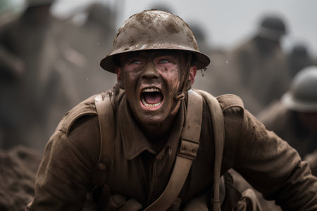 Member of Red Star military history club wears historical German uniform during historical reenactment of WWII in Chernigow, Ukraineの素材